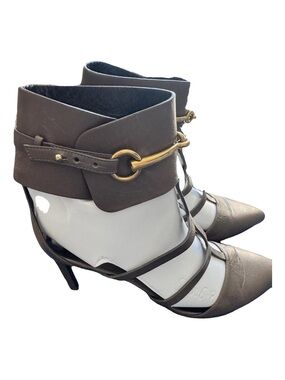 Gucci Brown Strappy Pointed-Toe Ankle Heels with Gold Horsebit
